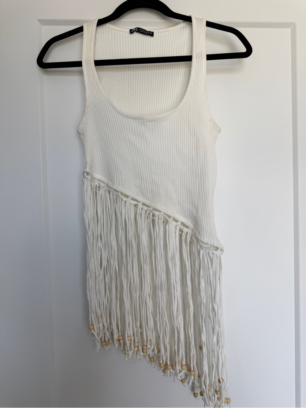 Zara White Ribbed Fringe Crop Tank
